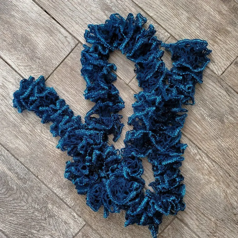 BOGO Scarf Sale - Hand Crafted long crochet blue ruffle scarf